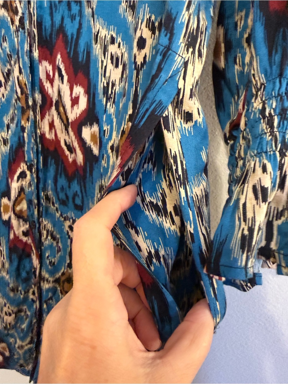 Finley Blue Boho Ikat Western Button Down 3/4 Sleeve Shirt Dress Size M - Picture 3 of 8